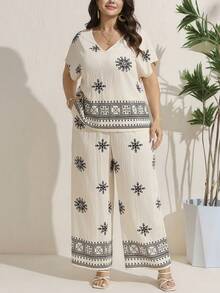 Comfylo 2pcs/Set Plus Size Short Sleeve V-Neck T-Shirt And Pants Elegant Women Minimalist And Fashionable For Summer Women Boho/Bohemian Summer Outfits For Women Vacation Outfits Woman Two Pieces Set Women Summer Outfits For Women Two Pieces Set Women Summer New Design 2pcs/Set Plus Size Leisure & Resort Style Fashion Outfit Glamorous Suitable For Summer Modest - Multicolor - View 8