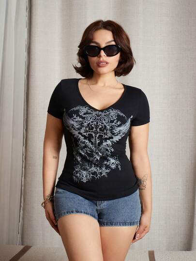 Lupita Cardoza Kadın Gotik Çiçek Baskılı Yapay Elmas V Yaka Kısa Kollu Sokak Giyimi V Yaka Tişört, Punk Tarzı V Yaka Retro Tişört