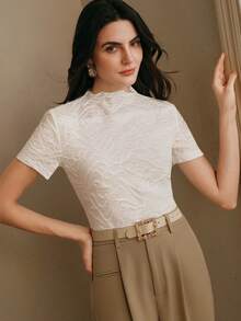 Anewsta 女士纹理圆领休闲短袖T恤 - 白色 - 查看 7