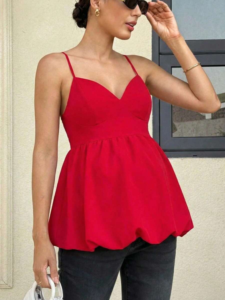 MaterniWear Elegant Solid Color Ruched Waist Maternity Camisole For Summer - Red - View 1