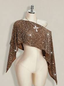 SHEIN ICON Women's Sequin Shoulder Cut Short Casual Versatile Daily Wear Top,Summer Top - Brown - View 1