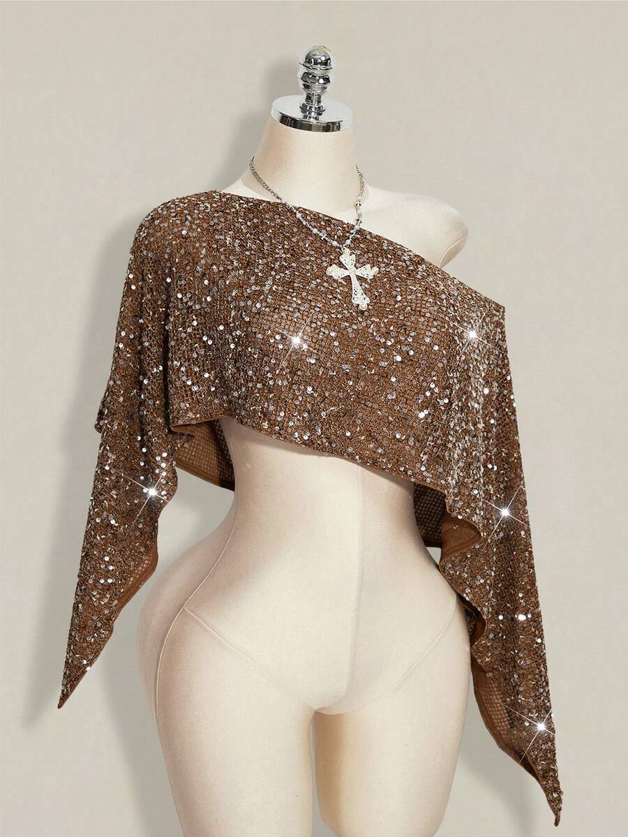 SHEIN ICON Women's Sequin Shoulder Cut Short Casual Versatile Daily Wear Top,Summer Top - Brown - View 1
