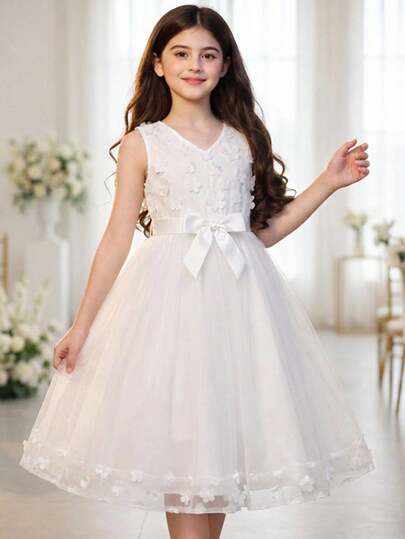 Pitira Tween Girls' Elegant Fashion White, Sleeveless, Patchwork, Tulle Floral Dress; Elegant, Suitable For Parties, Weddings, Flower Girls/Bridesmaids.
