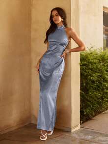 KARISMINA Solid Color Woven Backless Halter Dress For Women, Suitable For Spring/Summer Vacation - Blue - View 6