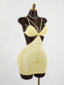 SaltGleam SaltGleam Sexy Hollow Cross Backless Strap Summer Vacation Slip Dress - Yellow - View 7