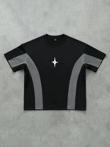 PAVTROS 男士圆领短袖T恤，黑灰撞色，正面简约印花，宽松短款；男士短款T恤；男士圣徒衬衫；反光衬衫；街头风星形衬衫 - 黑色 - 查看 1