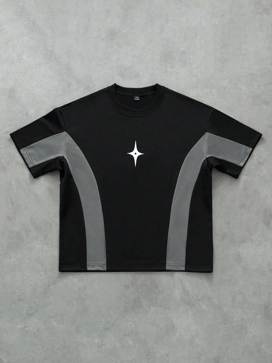 PAVTROS 男士圆领短袖T恤，黑灰撞色，正面简约印花，宽松短款；男士短款T恤；男士圣徒衬衫；反光衬衫；街头风星形衬衫 - 黑色 - 查看 1
