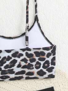 SHEIN 少女豹纹比基尼套装，针织面料，圆领，可调节肩带，时尚休闲优雅泳装，适合游泳、海滩、泳池、夏季度假、派对等场合。 - 黑色 - 查看 6