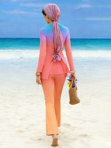 Swim Shayni New Summer Women Crew Neck Long Sleeve Waist Cinched Dress & Wide Leg Pants Ombre Print Casual Vacation Burkini Set - Multicolor - View 2