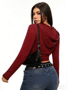 INAWLY Plus Size Women Striped Letter Print Zip-Up Casual Versatile Daily Wear Long Sleeve Sweatshirt - Red - View 4