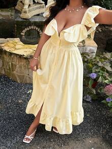 Lyrianda Yellow,Summer,Curve,Party,Holiday Modest Plus Size Women Elegant Striped Woven Dress,Double Ruffle Sleeve,Full Button Decor,Ruffle Hem Midi Dress - Multicolor - View 5