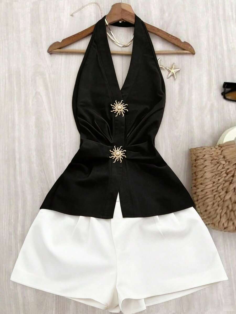 EMERY ROSE 2件套女士吊带金属扣露背优雅性感褶皱腰身夏季套装 - 彩色 - 查看 1