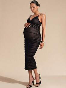 MaterniChic Black Maternity Dress,Summer Elegant Formal Evening Night Out Club Pregnant Clothes,V-Neck High-Elasticity Spaghetti Strap Comfortable Dress - Black - View 3