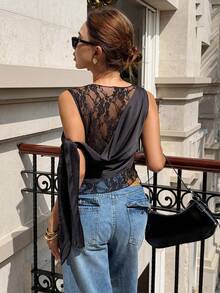 Siren Gaze 新款蕾丝拼接缎面吊带背心，女士春夏款 - 黑色 - 查看 2
