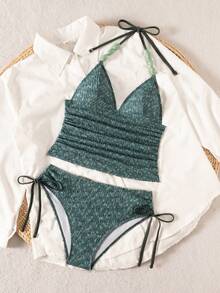 SHEIN Luminelle 2026 New Women's Summer Beach Vacation Special Textured Wavy Fabric Beaded Spaghetti Strap Spaghetti Strap Tie Side Backless Sexy Camisole Bikini Two Pieces Swimwear - Blue - View 3