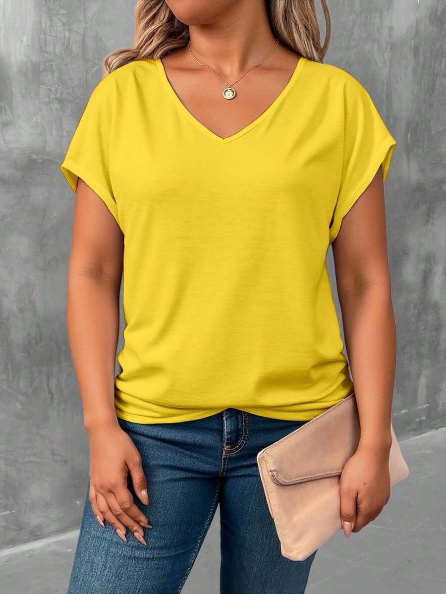 EMERY ROSE Camiseta casual de verano de talla grande para mujer con cuello en V y mangas cortas - Multicolor - Ver 1