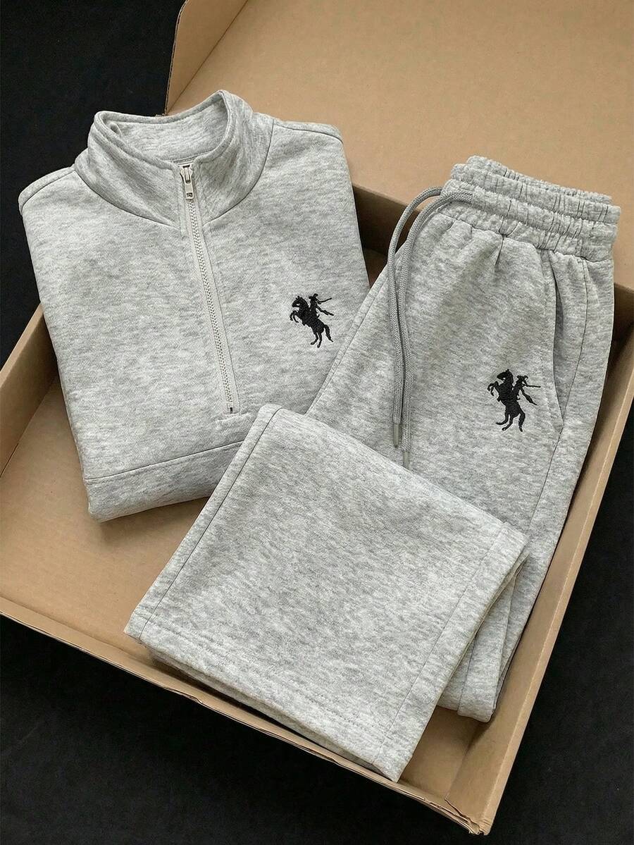 2pcs/Set Tween Girls Casual Outfit, Polo Zipper Half-Turtleneck Short Sleeve Sweatshirt Top With Loose Fit And Oversized Wide Leg Pants, Sports Pants Set, Suitable For Daily Wear And Workout - Grey - View 1