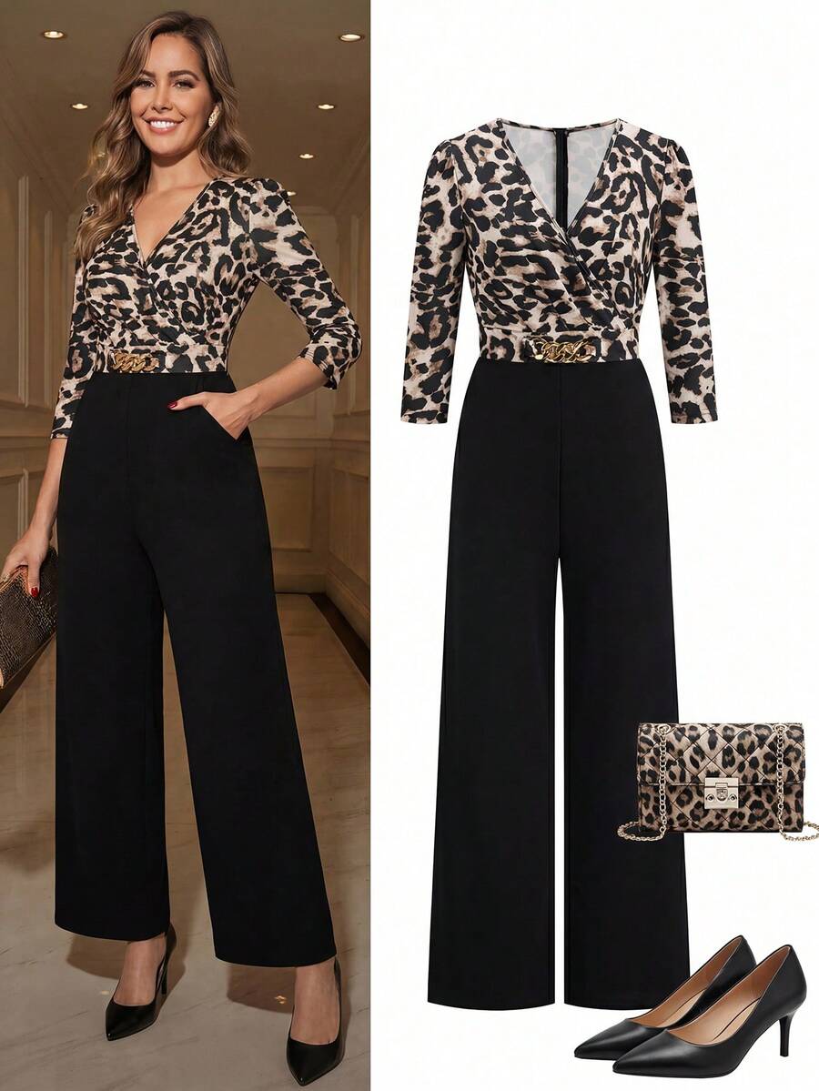 Ellevyn 女士优雅通勤豹纹拼接连体裤 - 黑色 - 查看 1