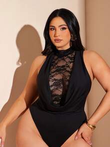 SHEIN BAE Plus Size Women's Black Autumn Elegant Formal Evening Night Out Club Lace Splice Plunging Halter Neck Bodysuit,Tight Patchwork Cocktail Party - Black - View 3