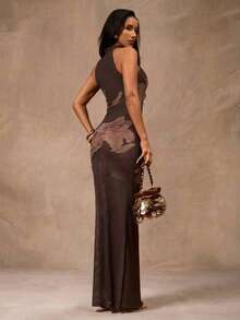 Opulessa Vacation Knit Mesh Printed Off-Shoulder Fitted Dress For Women, Spring/Summer - Brown - View 2