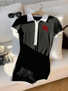 Attitoon 休闲简约学院风 Polo 领撞色黑白 NY 红色字母印花图案女式连体裤，适合初秋穿着，百搭风格，复古风、性感风、可爱风、Y2K 椰子女孩波西米亚嬉皮风、音乐节风，适合春季穿着。 - 黑色 - 查看 2