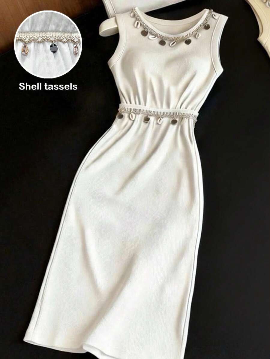 GlowEve Nuevo vestido de mujer sin mangas con diseño de borlas y conchas para el verano - Blanco - Ver 1