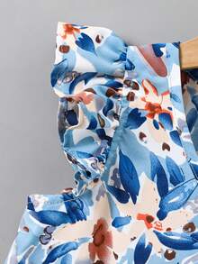 Camiseta de manga acampanada con cuello en V y pliegues con estampado total para uso diario casual de niña - Azul - Ver 6