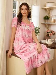 Floral Print Frill Trim Bow Detail Ruffle Hem Sleep Dress - Multicolor - View 1