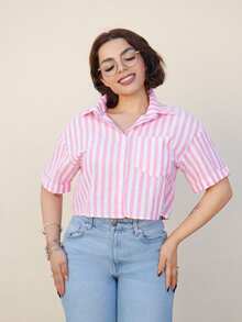 Lupita Cardoza 条纹短款宽松翻领短袖女式衬衫 - 玫紅色 - 查看 6