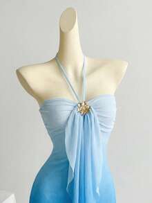 Soleia 女士度假针织网纱渐变浪漫修身露背系带金属扣装饰鱼尾连衣裙，适合派对、约会、下午茶等场合，性感优雅 - 淺藍色 - 查看 6