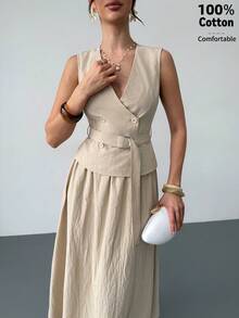 Firerie 女士春夏新款优雅简约上衣半裙套装，适合办公、通勤、约会、派对、婚礼、度假等场合。 - 卡其色 - 查看 4