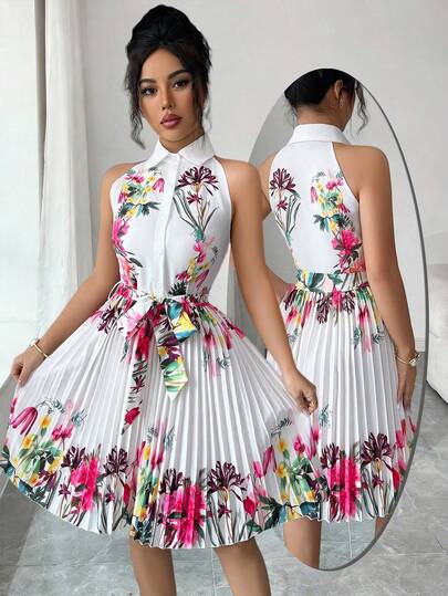 Selianne 女士优雅休闲褶皱印花连衣裙，适合秋冬季派对、新年、圣诞节、情人节、万圣节等休闲场合穿着