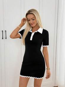 Women's Contrast Color Short Sleeve Polo Collar Casual Dress - Black - View 3