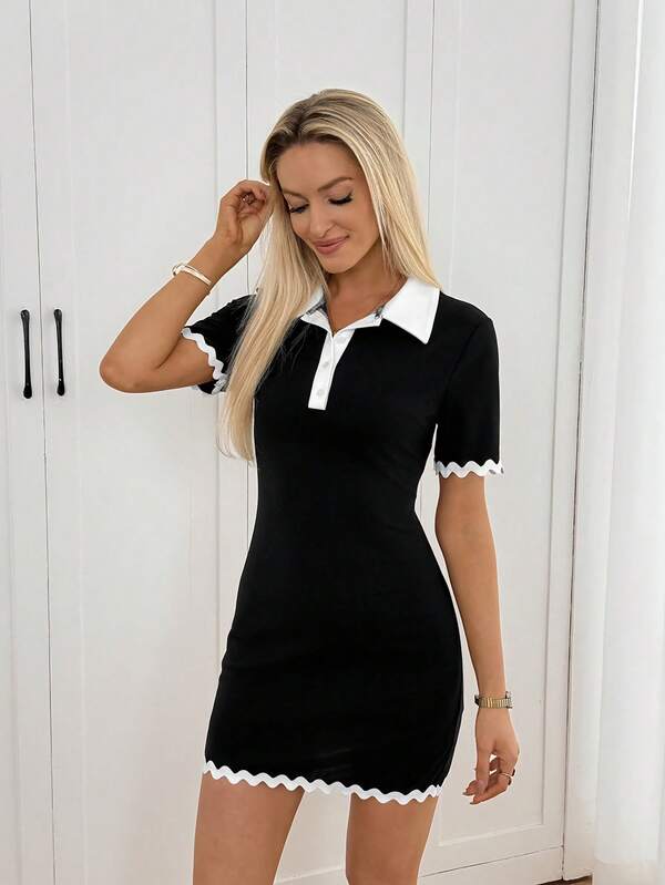 Easowa Women's Contrast Color Short Sleeve Polo Collar Casual Dress