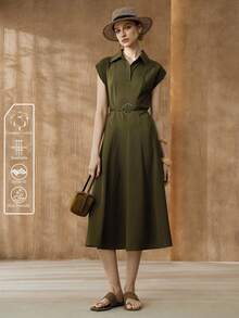 Revavyn 女士V领蝙蝠袖金属扣系腰A字连衣裙，适合日常通勤 - 綠色 - 查看 3