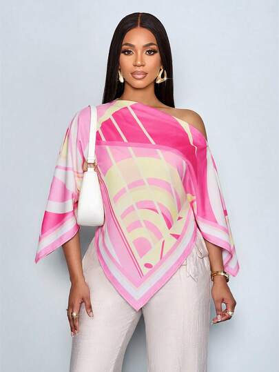 SOLERSUN Women's Spring/Summer Casual Elegant Apricot Print Asymmetrical Collar Asymmetrical Hem Shirt With Off-Shoulder And Slit Sleeves. Loose Fit And Stylish. Geometric Floral Print Batwing Sleeves. New And Versatile Style. Suitable For Spring And Summer Wear, Everyday Commuting, And Outings.