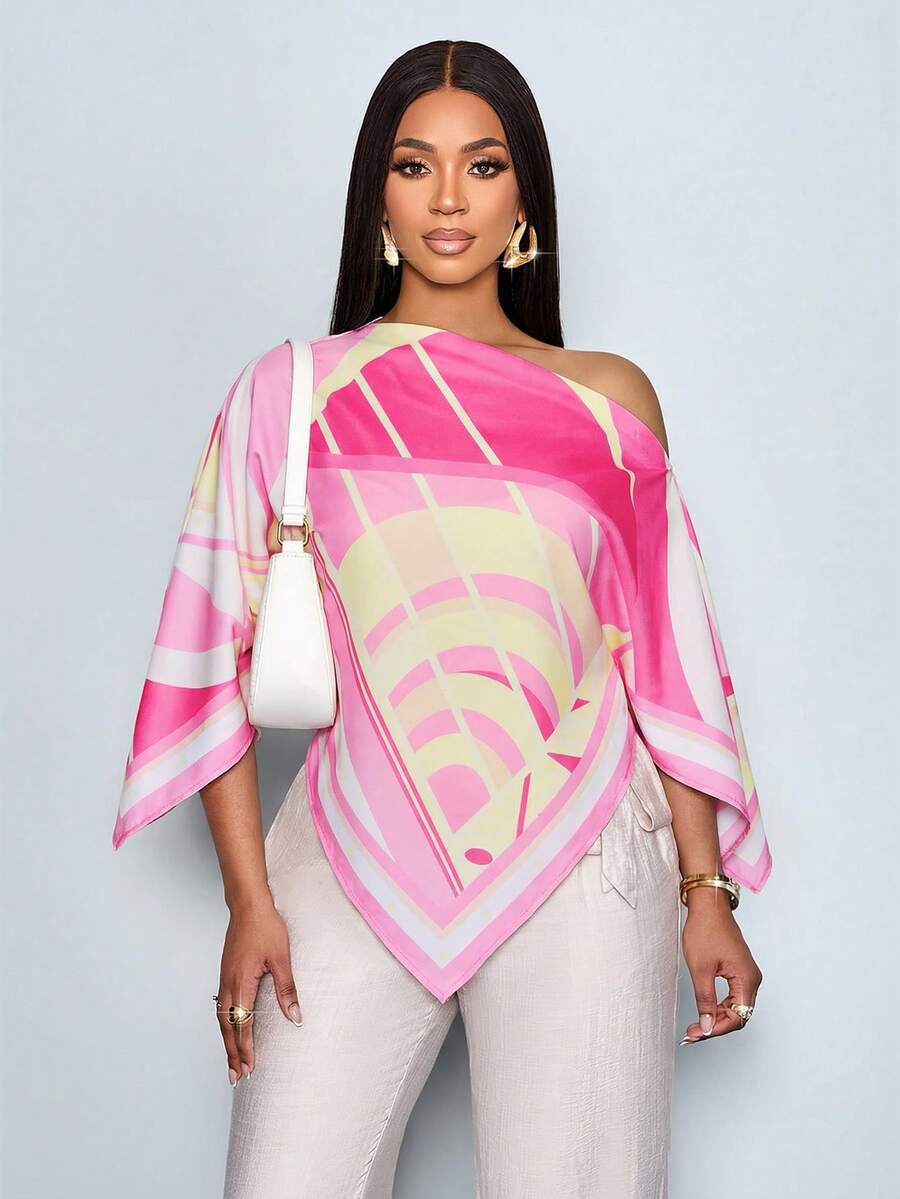 SOLERSUN 女士春夏休闲优雅杏色印花不对称领口不对称下摆衬衫，露肩开衩袖设计，宽松时尚。几何花卉印花蝙蝠袖，全新百搭款式。适合春夏穿着，日常通勤及外出活动皆宜。 - 粉色 - 查看 1