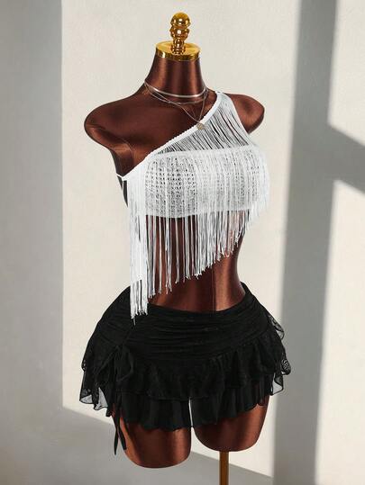 Amplova 女士纯色吊带露背无袖夏季系带针织流苏装饰短款上衣