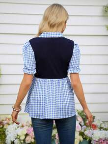 SHEIN Ruffle Collar Commuter Style Short Sleeve Top, Contrast Color Maternity Shirt,Summer Tops,Summer Outfits - Multicolor - View 2