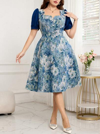 Reflora Đầm dự tiệc thanh lịch in hoa dành cho nữ cỡ lớn, thích hợp cho mùa hè.