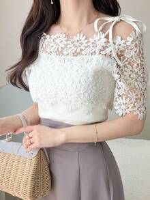 FRIFUL 女士花卉蕾丝拼接露肩短袖T恤 夏季 - 白色 - 查看 5