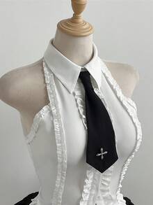 Elamini Bộ đồ nữ màu trắng cổ buộc dây, không tay, eo thon, chân váy xếp tầng phồng màu đen, phong cách Âu Mỹ gợi cảm, vẻ ngoài nữ sinh điệu đà. - Đen và trắng - Xem 5