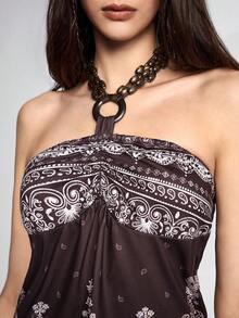 ROMWE Fairycore Áo tank top cổ yếm nữ kiểu Bohemian cổ điển họa tiết Paisley hoa điều - màu nâu - Xem 2