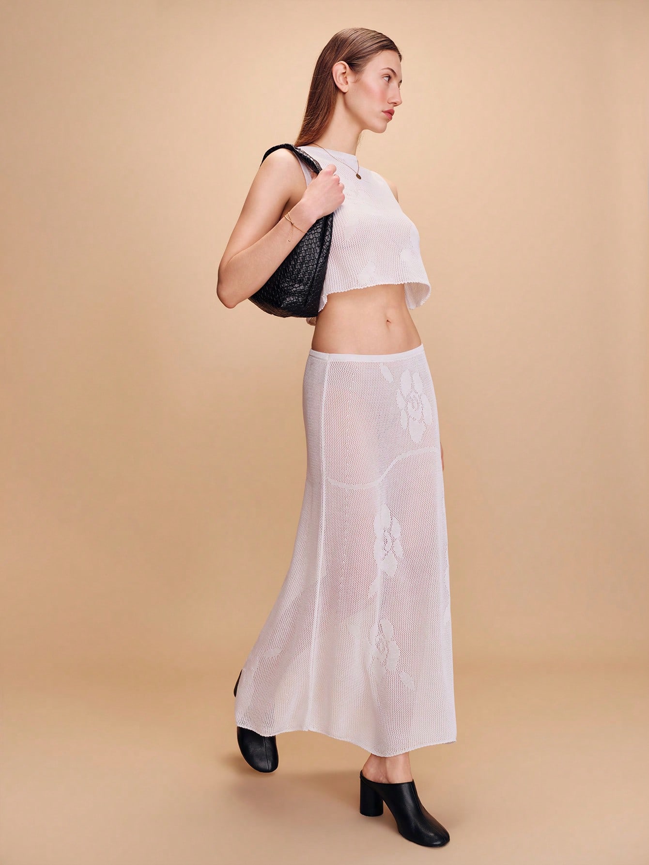White Open-Knit Set With Floral Pattern Tank Top And Flared Low-Waist Skirt See Through Beach Outfit Vacation Outfit Resort Outfit For Spring Summer French Style Parisian Style