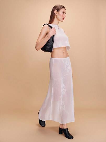 lacRébo 蓝色针织套装，含花卉图案吊带背心和低腰喇叭裙，春夏法式巴黎风情