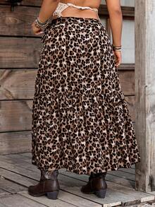 SHEIN LUNE Jupe élégante à imprimé léopard avec lien à la taille pour femmes grande taille - Tabac - Voir 2