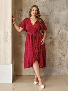 Roveilla Vestido cruzado con volantes asimétricos y cuello cruzado para mujer de talla grande en rojo, vestido de lunares rojos, vestido de lunares, vestidos de lunares para mujer, vestido cruzado de mujer, vestidos retro para mujer, vestido rojo midi, vestido midi de lunares, vestido rojo, vestidos de lunares para mujer, vestido de Brigerton, vestido vintage de lunares, vestido vintage para mujer, vestidos casuales, vestidos de lunares para mujer - Rojo - Ver 5