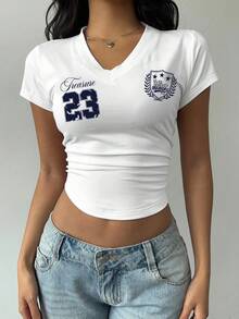 Attitoon 大码休闲简约数字印花V领短袖T恤 - 白色 - 查看 3