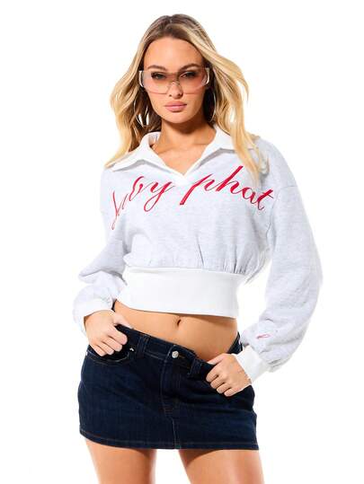 BABYPHAT Women's Heather Grey Notch Collar Cinched Waist Sweatshirt With Script Text Print Casual Pullover