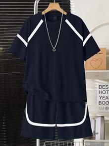 SHEIN Vacaura 2件套青少年春夏秋季插肩袖撞色条纹T恤和口袋短裤休闲运动时尚套装 - 藏蓝色 - 查看 3